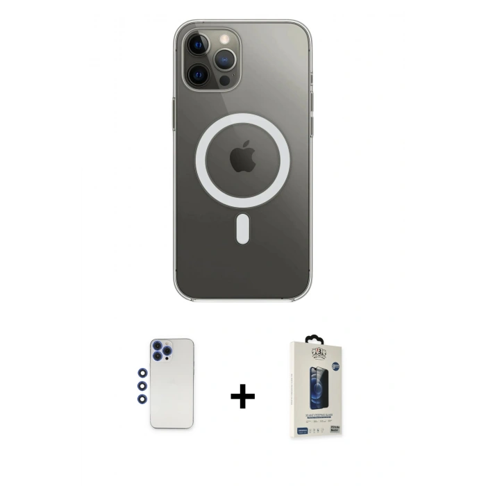 MARSİLYAN™- iPhone 12 Pro Max Kılıf Ahenk Yansıma Prime - Siyah Bilvis Hayalet Cam Ekran Koruyucu + Shine Kamera Lens - LT