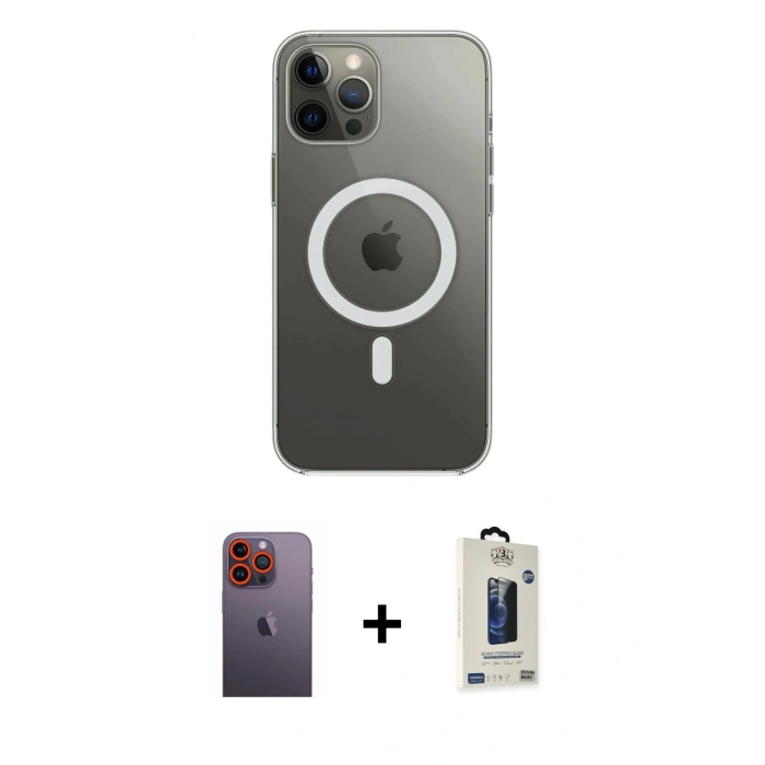 MARSİLYAN™- iPhone 12 Pro Max Kılıf Ahenk Yansıma Prime - Siyah Bilvis Hayalet Cam Ekran Koruyucu + Neon Fosforlu Kamera Lens - TU