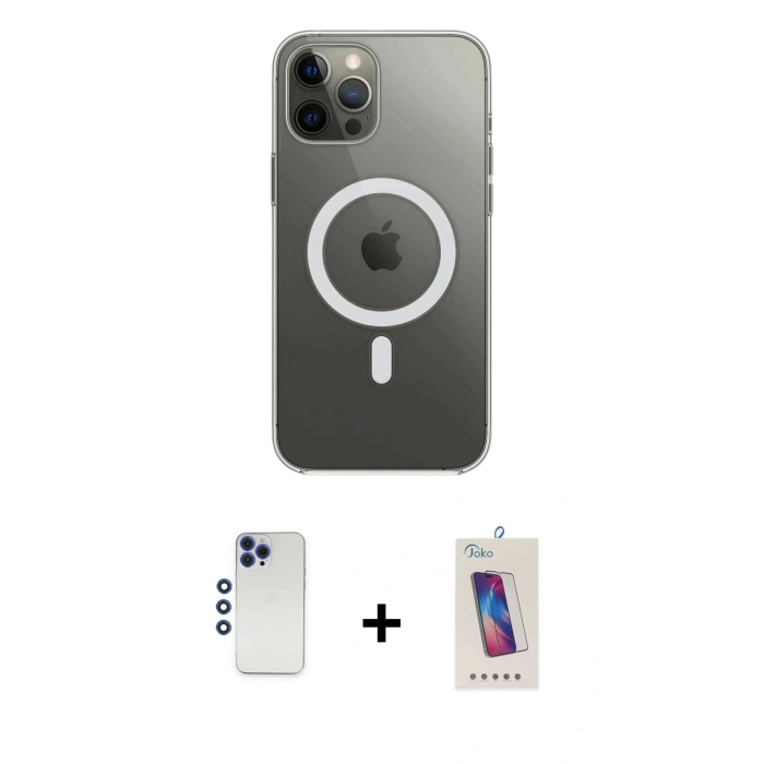 MARSİLYAN™- iPhone 12 Pro Max Kılıf Ahenk Yansıma Prime - Siyah Joko 5D Cam + Lacivert Shine Kamera Lens