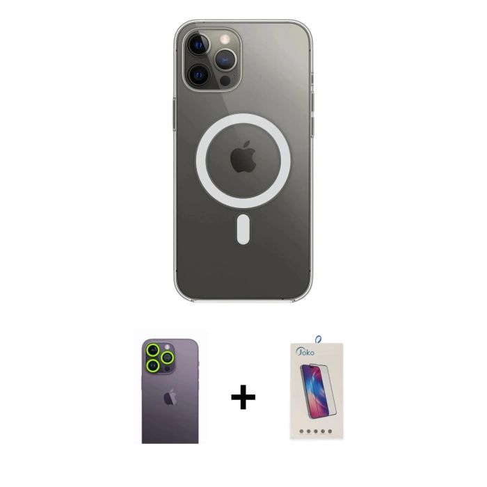 MARSİLYAN™- iPhone 12 Pro Max Kılıf Ahenk Yansıma Prime - Siyah Joko 5D Cam + Neon Fosforlu Kamera Lens - YL