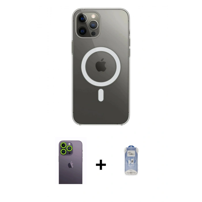 MARSİLYAN™- iPhone 12 Pro Max Kılıf Ahenk Yansıma Prime - Siyah Joko Magic 5D Cam + Neon Fosforlu Kamera Lens - YL