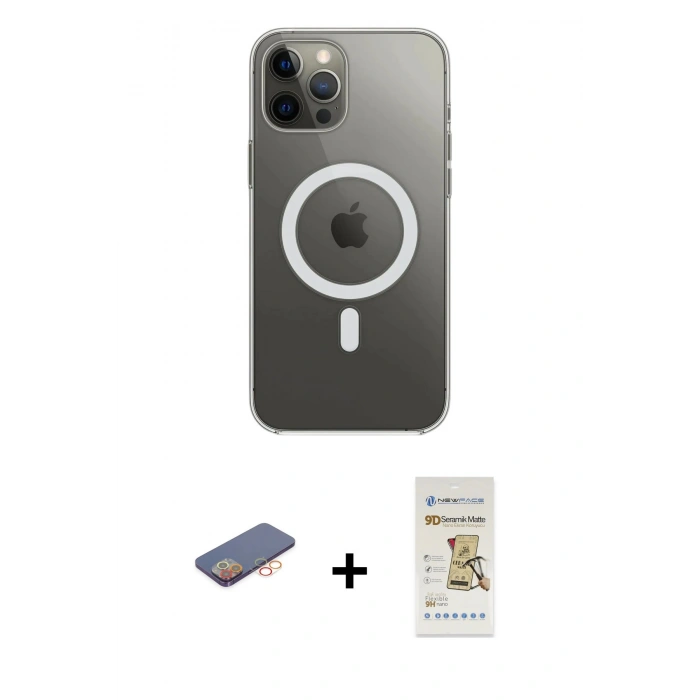 MARSİLYAN™- iPhone 12 Pro Max Kılıf Ahenk Yansıma Prime - Siyah Mat Seramik Nano Ekran Koruyucu + Renkli Kamera Lens Koruma Cam - TU