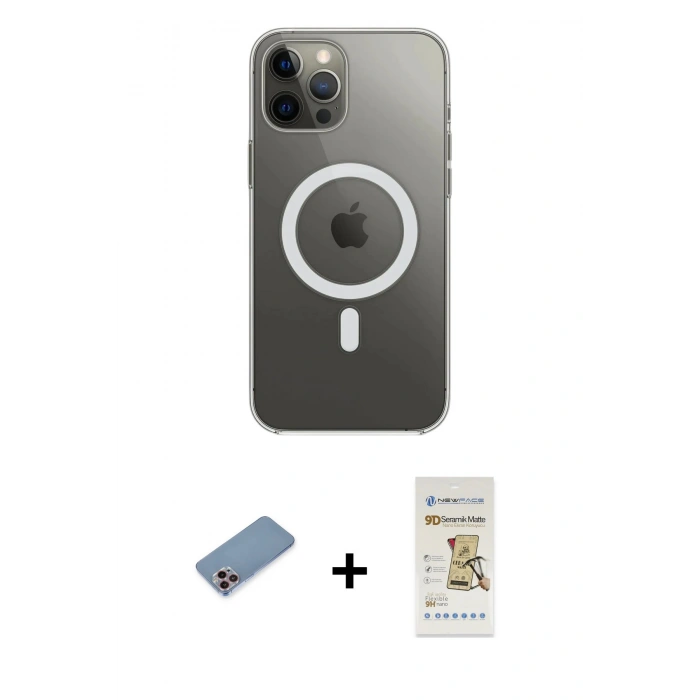 MARSİLYAN™- iPhone 12 Pro Max Kılıf Ahenk Yansıma Prime - Siyah Mat Seramik Nano Ekran Koruyucu + Shine Kamera Lens Koruma Cam - PE