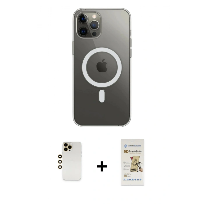 MARSİLYAN™- iPhone 12 Pro Max Kılıf Ahenk Yansıma Prime - Siyah Mat Seramik Nano Ekran Koruyucu + Shine Kamera Lens - GD
