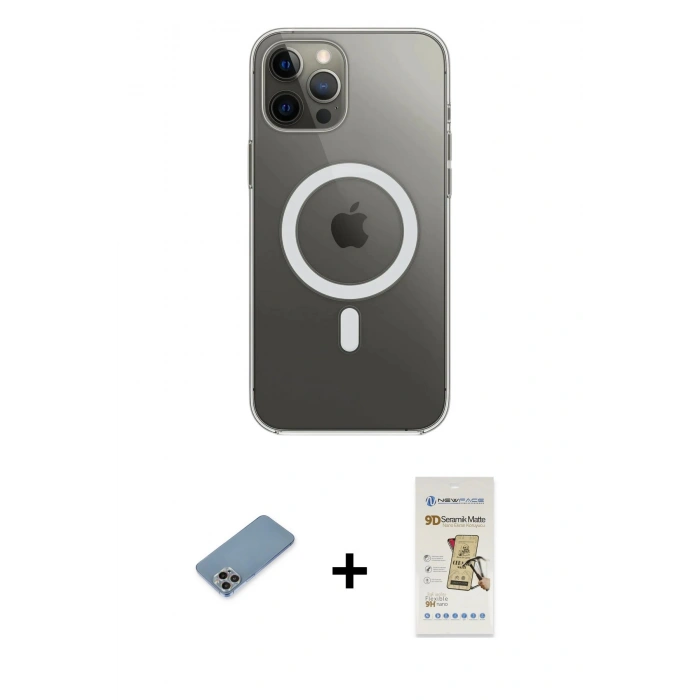 MARSİLYAN™- iPhone 12 Pro Max Kılıf Ahenk Yansıma Prime - Siyah Mat Seramik Nano Ekran Koruyucu + Shine Kamera Lens Koruma Cam - GI
