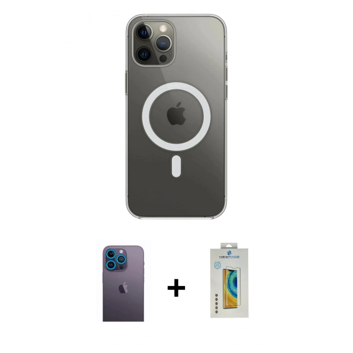 MARSİLYAN™- iPhone 12 Pro Max Kılıf Ahenk Yansıma Prime - Siyah Polymer Nano Ekran Koruyucu + Neon Fosforlu Kamera Lens - MI