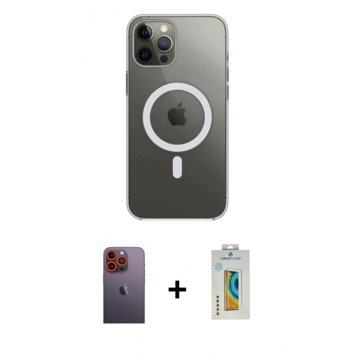 MARSİLYAN™- iPhone 12 Pro Max Kılıf Ahenk Yansıma Prime - Siyah Polymer Nano Ekran Koruyucu + Neon Fosforlu Kamera Lens - TU