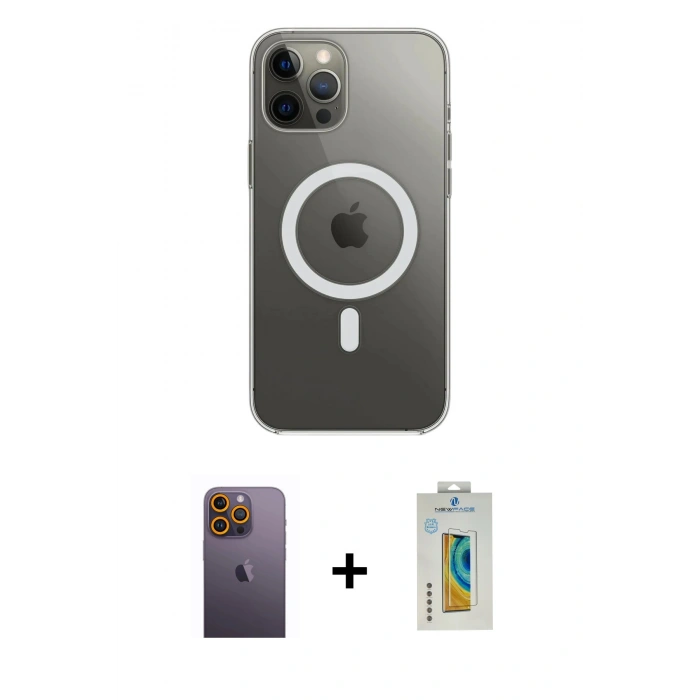 MARSİLYAN™- iPhone 12 Pro Max Kılıf Ahenk Yansıma Prime - Siyah Polymer Nano Ekran Koruyucu + Sarı Neon Fosforlu Kamera Lens