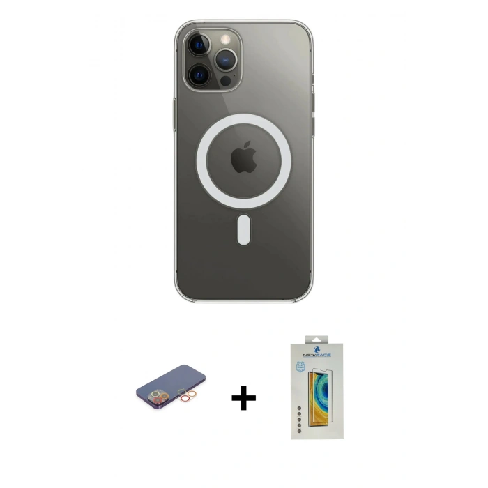MARSİLYAN™- iPhone 12 Pro Max Kılıf Ahenk Yansıma Prime - Siyah Polymer Nano Ekran Koruyucu + Turuncu Renkli Kamera Lens Koruma Cam
