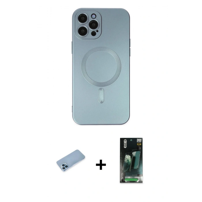 MARSİLYAN™- iPhone 12 Pro Max Kılıf Akış Minimal Özel Seri - Şeffaf 360 Full Body Arka Koruyucu + Mavi Shine Kamera Lens Koruma Cam