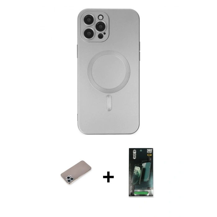 MARSİLYAN™- iPhone 12 Pro Max Kılıf Akış Minimal Özel Seri - Şeffaf 360 Full Body Arka Koruyucu + Shine Kamera Lens Koruma Cam - SABE