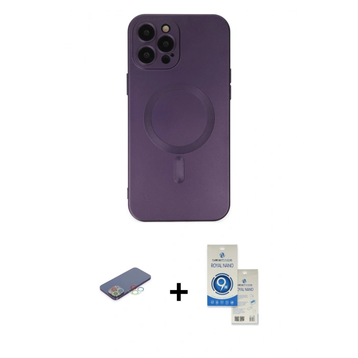 MARSİLYAN™- iPhone 12 Pro Max Kılıf Akış Minimal Özel Seri - Şeffaf Royal Nano Ekran Koruyucu + Mavi Renkli Kamera Lens Koruma Cam