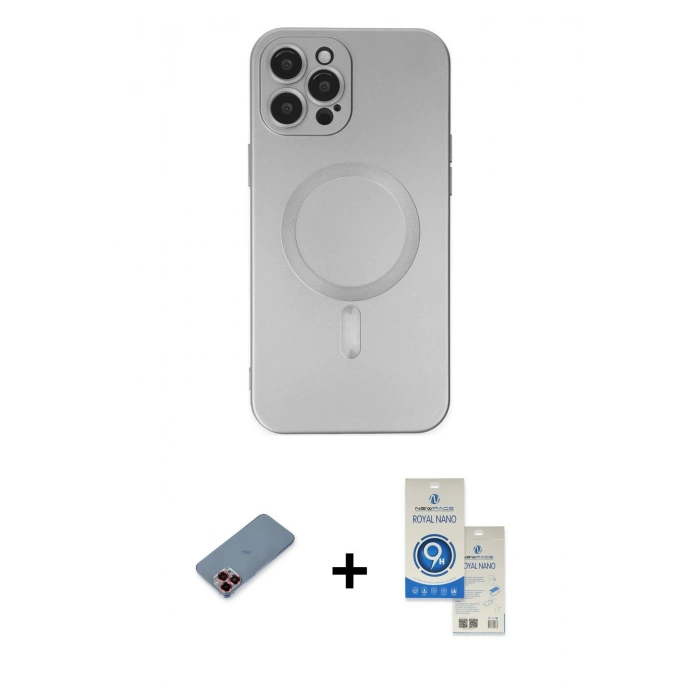 MARSİLYAN™- iPhone 12 Pro Max Kılıf Akış Minimal Özel Seri - Şeffaf Royal Nano Ekran Koruyucu + Metal Kamera Lens Koruma Cam - KI