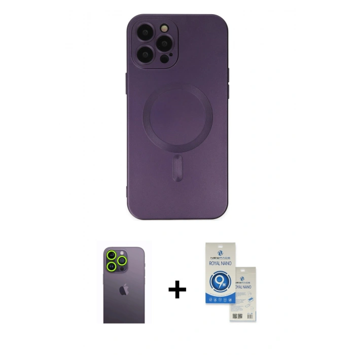 MARSİLYAN™- iPhone 12 Pro Max Kılıf Akış Minimal Özel Seri - Şeffaf Royal Nano Ekran Koruyucu + Neon Fosforlu Kamera Lens - YL