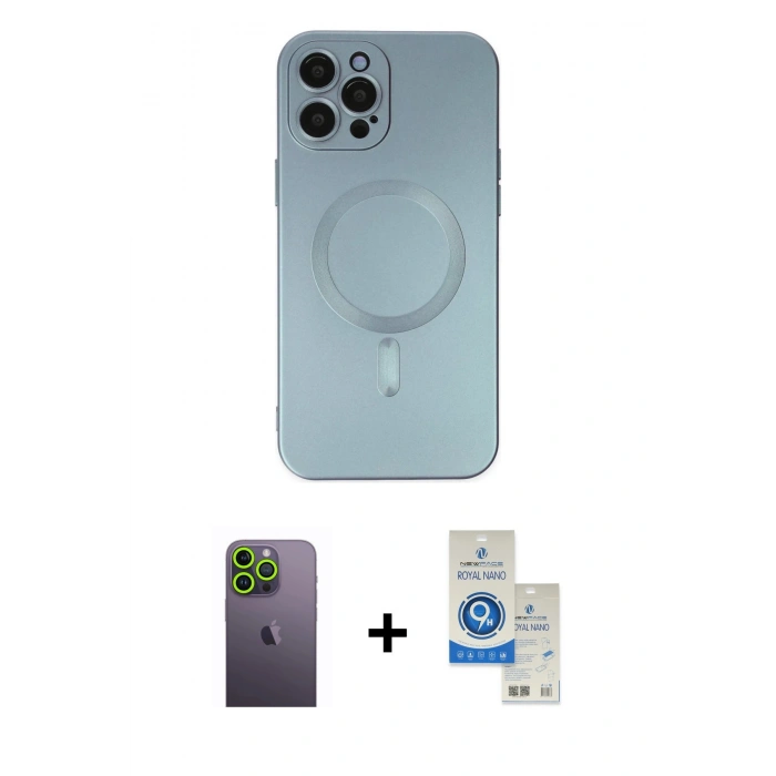 MARSİLYAN™- iPhone 12 Pro Max Kılıf Akış Minimal Özel Seri - Şeffaf Royal Nano Ekran Koruyucu + Neon Fosforlu Kamera Lens - YL