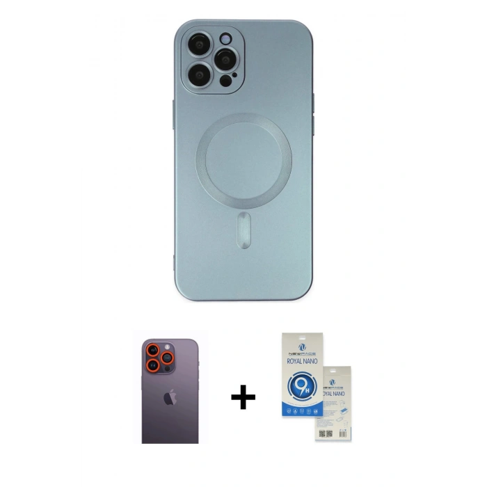 MARSİLYAN™- iPhone 12 Pro Max Kılıf Akış Minimal Özel Seri - Şeffaf Royal Nano Ekran Koruyucu + Neon Fosforlu Kamera Lens - TU