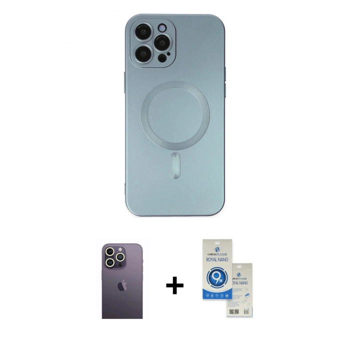 MARSİLYAN™- iPhone 12 Pro Max Kılıf Akış Minimal Özel Seri - Şeffaf Royal Nano Ekran Koruyucu + Neon Fosforlu Kamera Lens - BZ