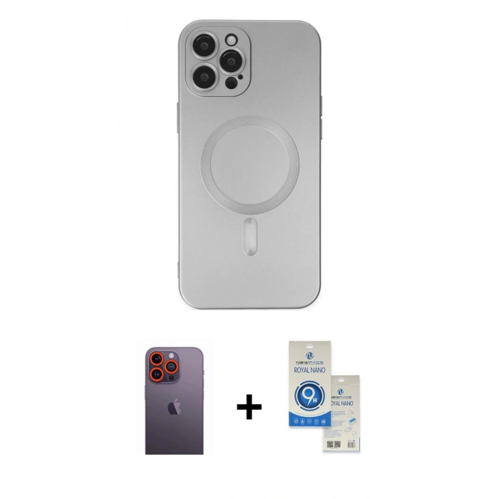 MARSİLYAN™- iPhone 12 Pro Max Kılıf Akış Minimal Özel Seri - Şeffaf Royal Nano Ekran Koruyucu + Neon Fosforlu Kamera Lens - TU