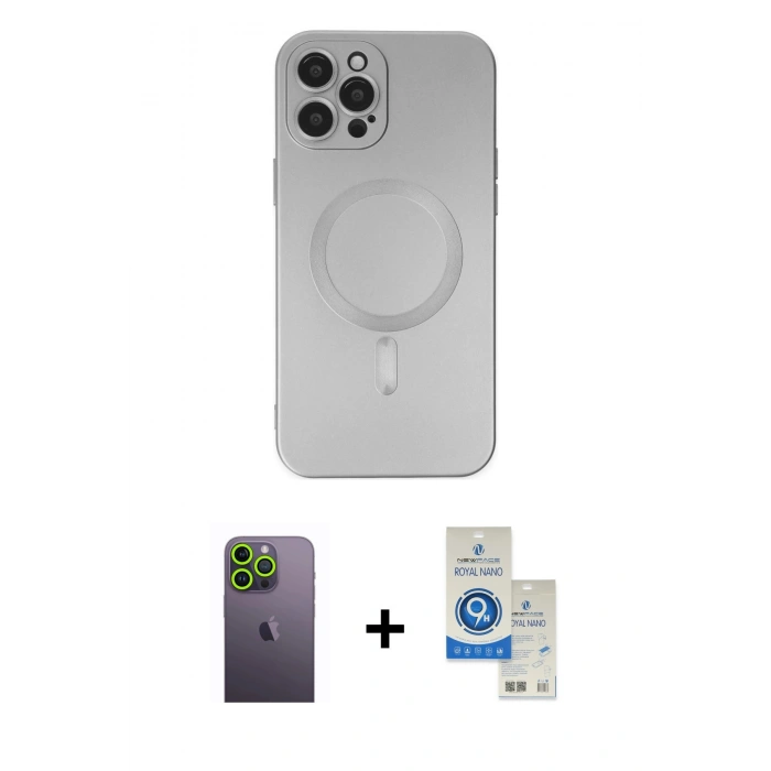 MARSİLYAN™- iPhone 12 Pro Max Kılıf Akış Minimal Özel Seri - Şeffaf Royal Nano Ekran Koruyucu + Neon Fosforlu Kamera Lens - YL