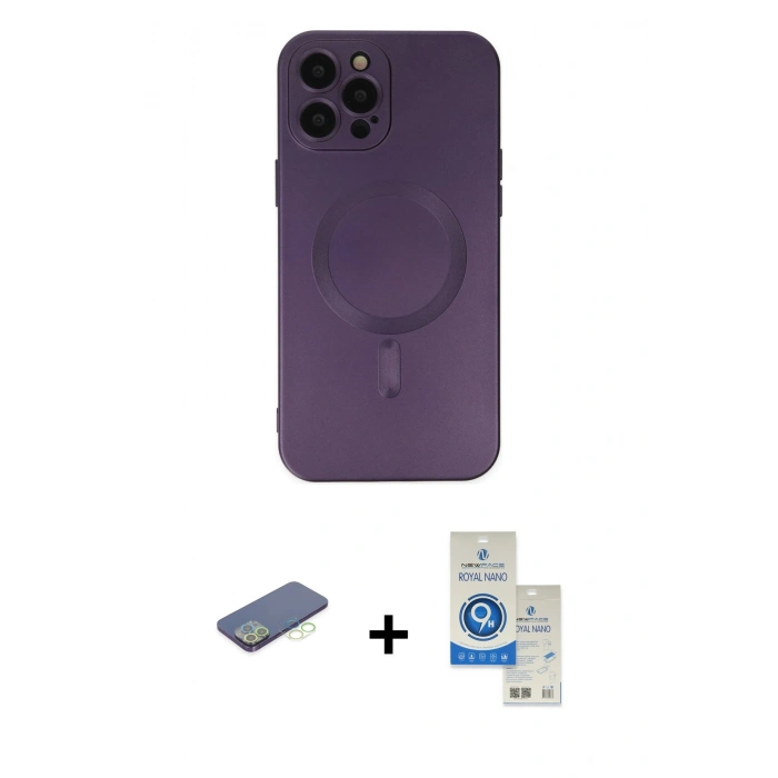 MARSİLYAN™- iPhone 12 Pro Max Kılıf Akış Minimal Özel Seri - Şeffaf Royal Nano Ekran Koruyucu + Renkli Kamera Lens Koruma Cam - YL