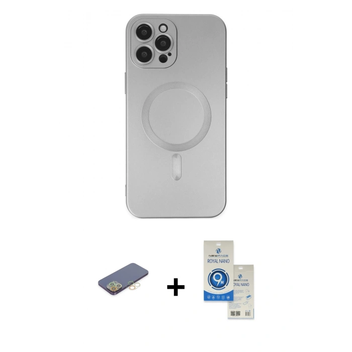 MARSİLYAN™- iPhone 12 Pro Max Kılıf Akış Minimal Özel Seri - Şeffaf Royal Nano Ekran Koruyucu + Renkli Kamera Lens Koruma Cam - SI