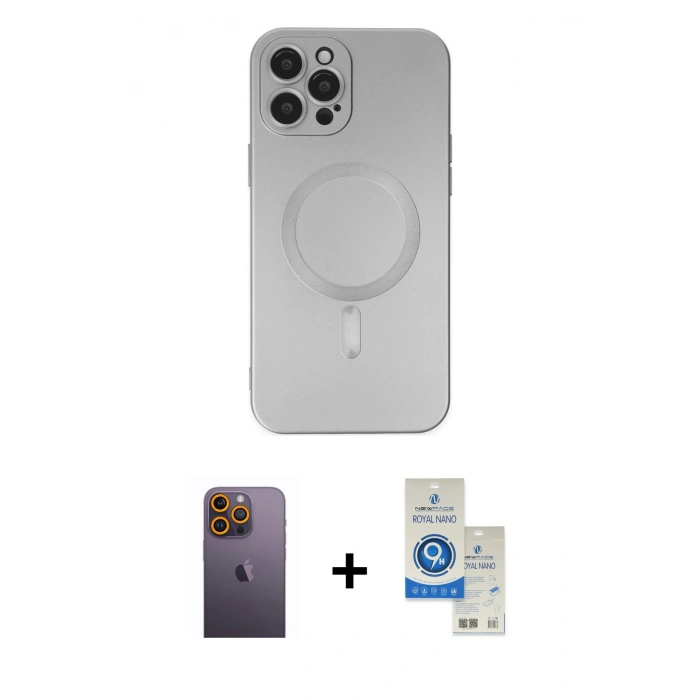MARSİLYAN™- iPhone 12 Pro Max Kılıf Akış Minimal Özel Seri - Şeffaf Royal Nano Ekran Koruyucu + Neon Fosforlu Kamera Lens - SI