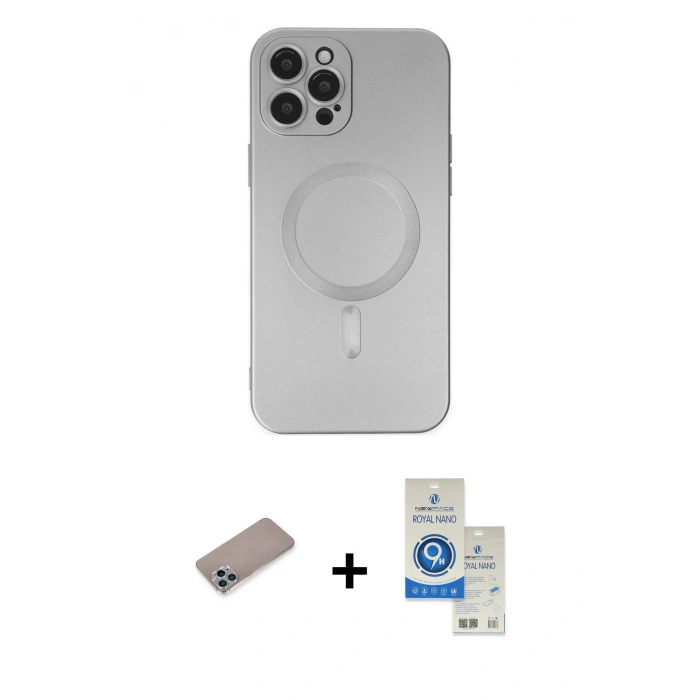MARSİLYAN™- iPhone 12 Pro Max Kılıf Akış Minimal Özel Seri - Şeffaf Royal Nano Ekran Koruyucu + Shine Kamera Lens Koruma Cam - SABE