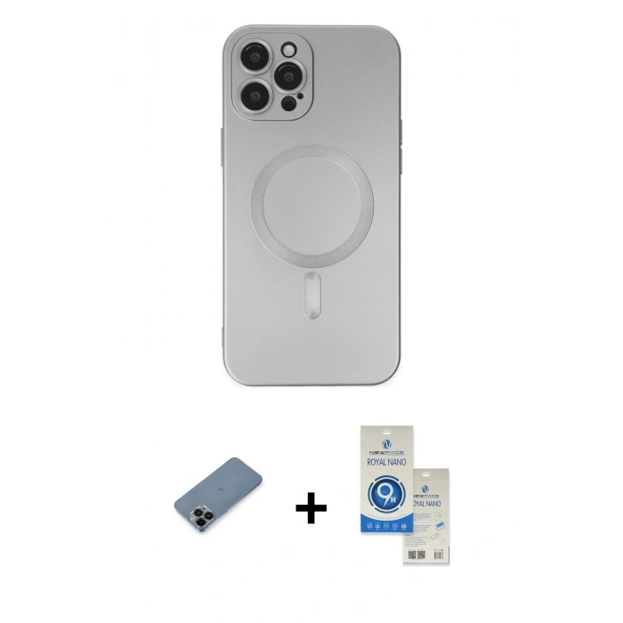 MARSİLYAN™- iPhone 12 Pro Max Kılıf Akış Minimal Özel Seri - Şeffaf Royal Nano Ekran Koruyucu + Siyah Shine Kamera Lens Koruma Cam