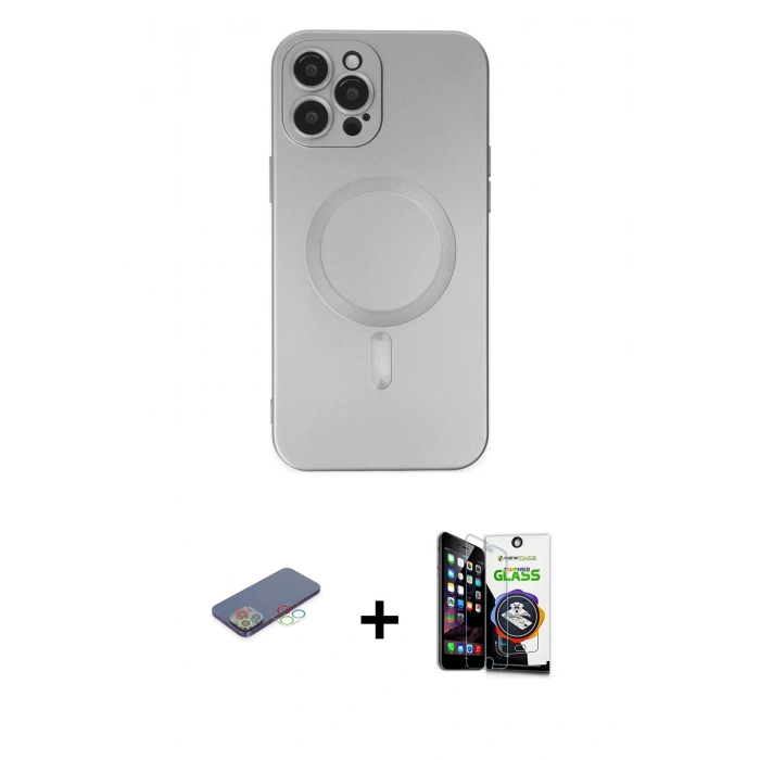 MARSİLYAN™- iPhone 12 Pro Max Kılıf Akış Minimal Özel Seri - Şeffaf Temperli Cam Ekran Koruyucu + Mavi Renkli Kamera Lens Koruma Cam