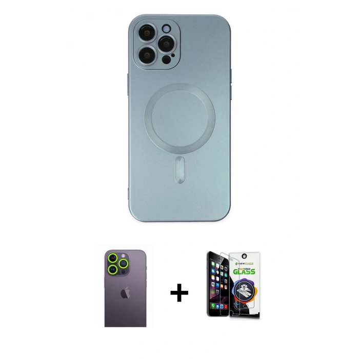 MARSİLYAN™- iPhone 12 Pro Max Kılıf Akış Minimal Özel Seri - Şeffaf Temperli Cam Ekran Koruyucu + Neon Fosforlu Kamera Lens - YL