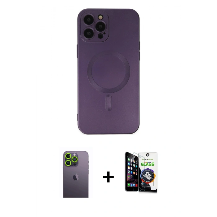 MARSİLYAN™- iPhone 12 Pro Max Kılıf Akış Minimal Özel Seri - Şeffaf Temperli Cam Ekran Koruyucu + Neon Fosforlu Kamera Lens - YL
