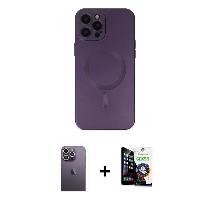 MARSİLYAN™- iPhone 12 Pro Max Kılıf Akış Minimal Özel Seri - Şeffaf Temperli Cam Ekran Koruyucu + Neon Fosforlu Kamera Lens - BZ