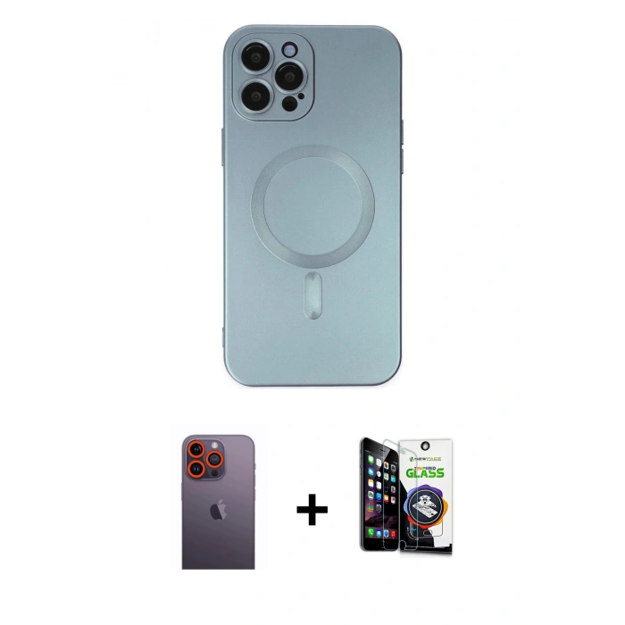 MARSİLYAN™- iPhone 12 Pro Max Kılıf Akış Minimal Özel Seri - Şeffaf Temperli Cam Ekran Koruyucu + Neon Fosforlu Kamera Lens - TU