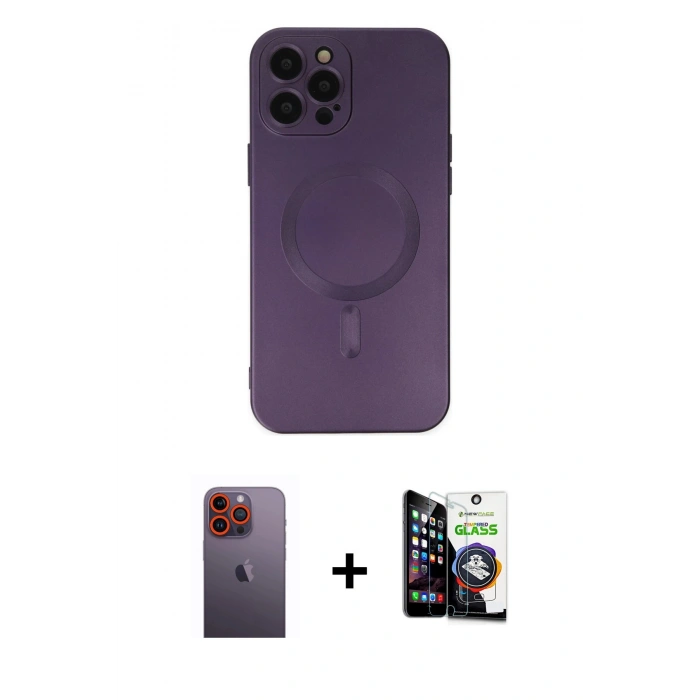 MARSİLYAN™- iPhone 12 Pro Max Kılıf Akış Minimal Özel Seri - Şeffaf Temperli Cam Ekran Koruyucu + Neon Fosforlu Kamera Lens - TU