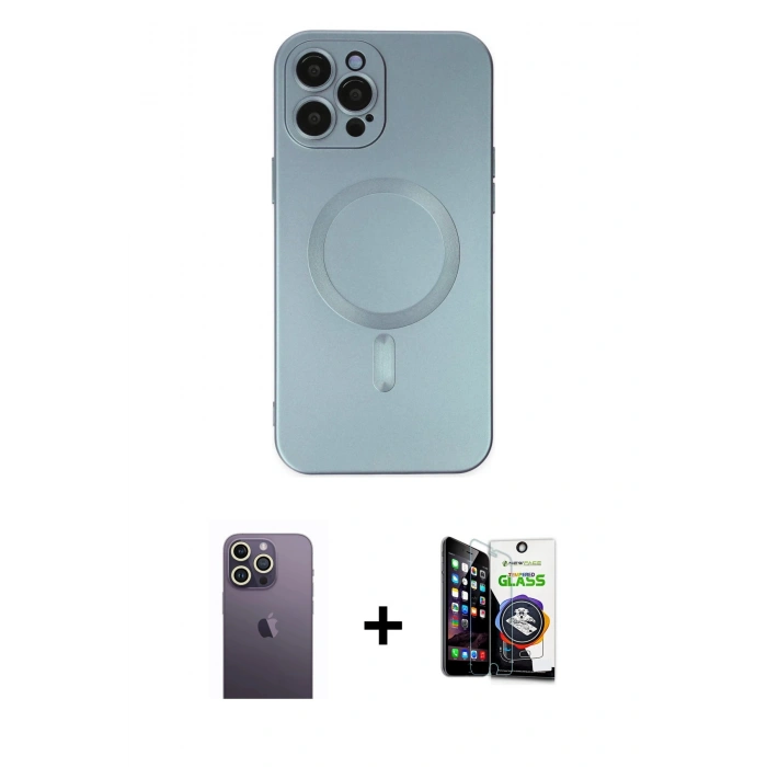 MARSİLYAN™- iPhone 12 Pro Max Kılıf Akış Minimal Özel Seri - Şeffaf Temperli Cam Ekran Koruyucu + Neon Fosforlu Kamera Lens - BZ