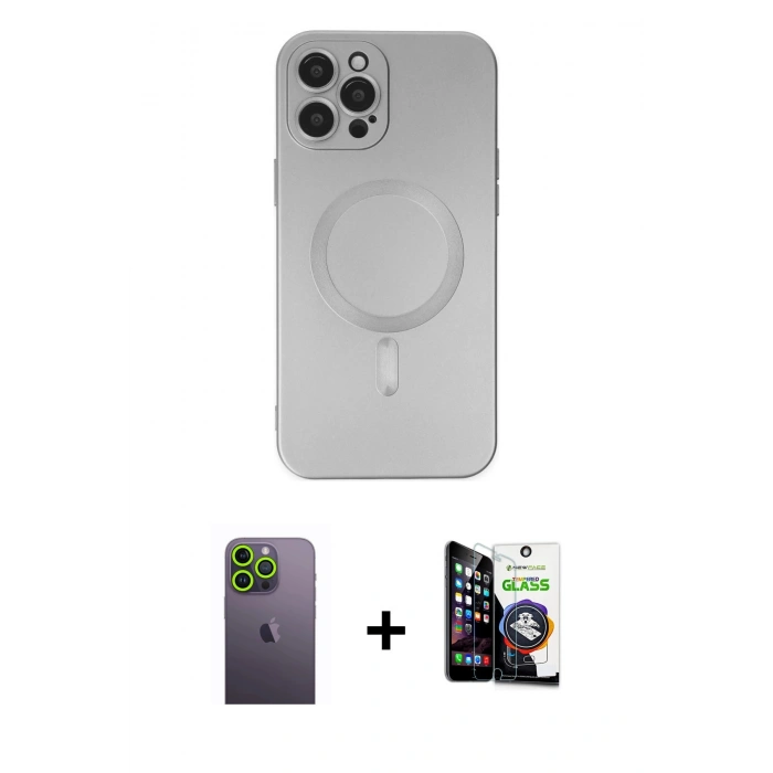 MARSİLYAN™- iPhone 12 Pro Max Kılıf Akış Minimal Özel Seri - Şeffaf Temperli Cam Ekran Koruyucu + Neon Fosforlu Kamera Lens - YL
