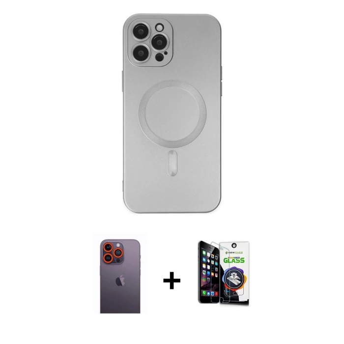 MARSİLYAN™- iPhone 12 Pro Max Kılıf Akış Minimal Özel Seri - Şeffaf Temperli Cam Ekran Koruyucu + Neon Fosforlu Kamera Lens - TU