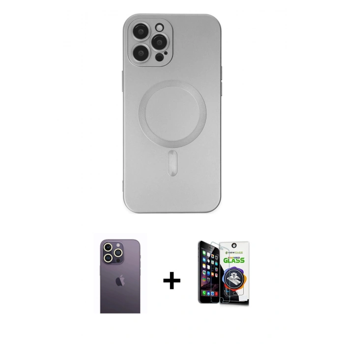 MARSİLYAN™- iPhone 12 Pro Max Kılıf Akış Minimal Özel Seri - Şeffaf Temperli Cam Ekran Koruyucu + Neon Fosforlu Kamera Lens - BZ