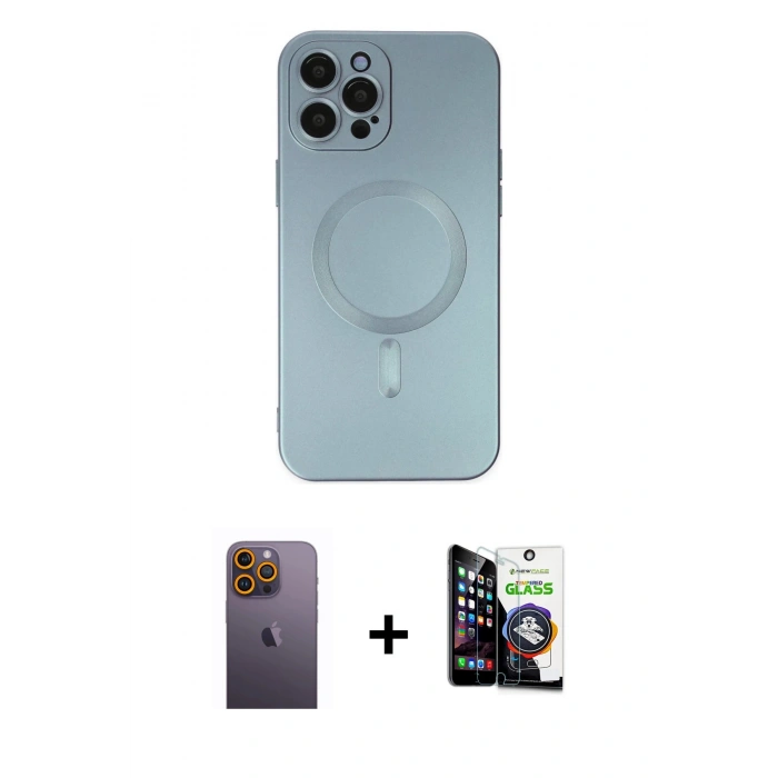 MARSİLYAN™- iPhone 12 Pro Max Kılıf Akış Minimal Özel Seri - Şeffaf Temperli Cam Ekran Koruyucu + Neon Fosforlu Kamera Lens - SI
