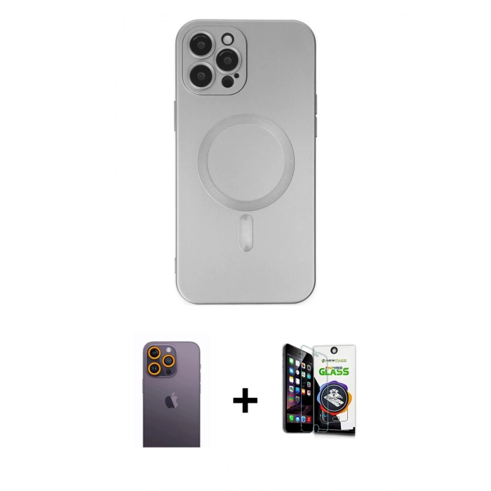 MARSİLYAN™- iPhone 12 Pro Max Kılıf Akış Minimal Özel Seri - Şeffaf Temperli Cam Ekran Koruyucu + Neon Fosforlu Kamera Lens - SI