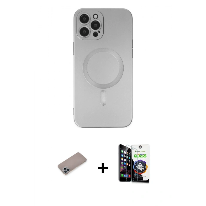 MARSİLYAN™- iPhone 12 Pro Max Kılıf Akış Minimal Özel Seri - Şeffaf Temperli Cam Ekran Koruyucu + Shine Kamera Lens Koruma Cam - SABE