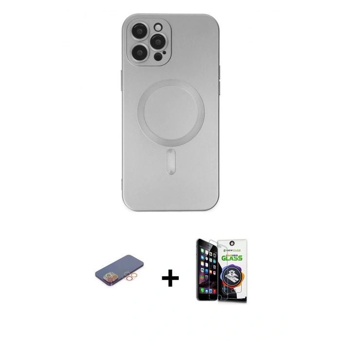 MARSİLYAN™- iPhone 12 Pro Max Kılıf Akış Minimal Özel Seri - Şeffaf Temperli Cam Ekran Koruyucu + Turuncu Renkli Kamera Lens Koruma Cam