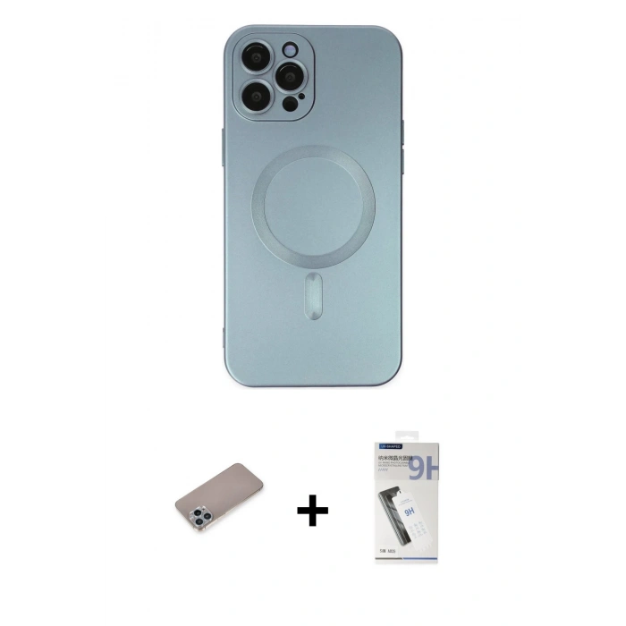 MARSİLYAN™- iPhone 12 Pro Max Kılıf Akış Minimal Özel Seri - Şeffaf Uv Polymer Nano Ekran Koruyucu + Sierra Blue Shine Kamera Lens Koruma Cam
