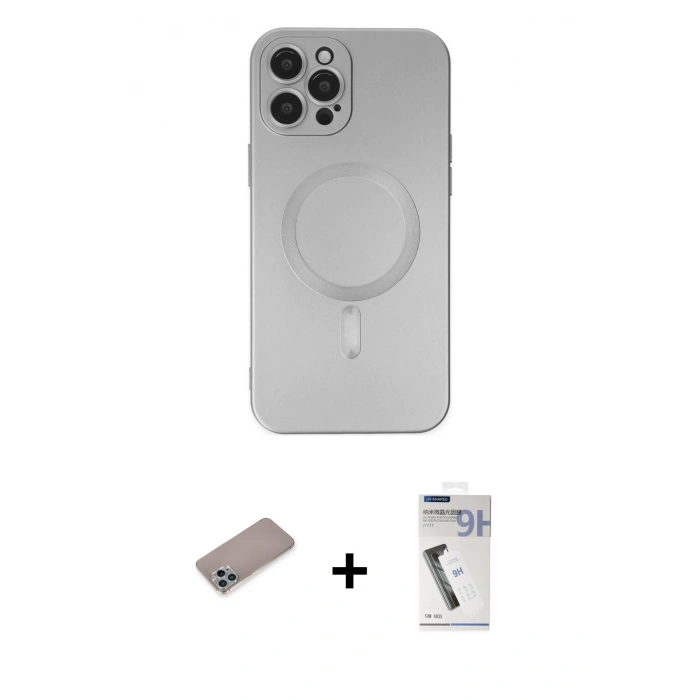 MARSİLYAN™- iPhone 12 Pro Max Kılıf Akış Minimal Özel Seri - Şeffaf Uv Polymer Nano Ekran Koruyucu + Sierra Blue Shine Kamera Lens Koruma Cam