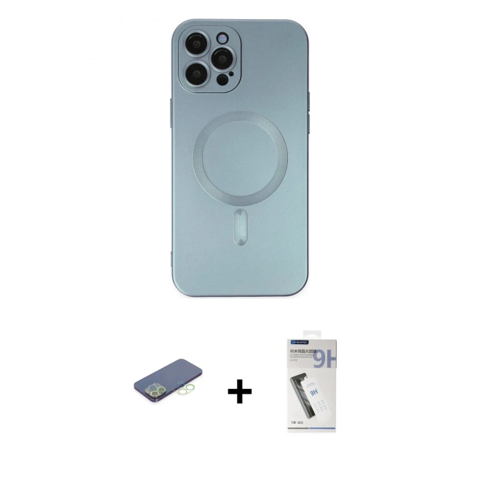 MARSİLYAN™- iPhone 12 Pro Max Kılıf Akış Minimal Özel Seri - Şeffaf Uv Polymer Nano Ekran Koruyucu + Yeşil Renkli Kamera Lens Koruma Cam
