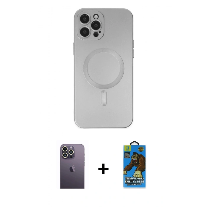 MARSİLYAN™- iPhone 12 Pro Max Kılıf Akış Minimal Özel Seri - Siyah 18D Cam Ekran Koruyucu + Neon Fosforlu Kamera Lens - BZ