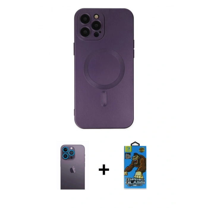 MARSİLYAN™- iPhone 12 Pro Max Kılıf Akış Minimal Özel Seri - Siyah 18D Cam Ekran Koruyucu + Mavi Neon Fosforlu Kamera Lens