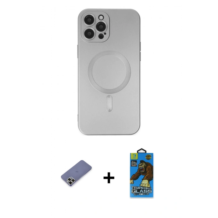 MARSİLYAN™- iPhone 12 Pro Max Kılıf Akış Minimal Özel Seri - Siyah 18D Cam Ekran Koruyucu + Metal Kamera Lens Koruma Cam - GD