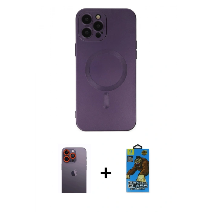 MARSİLYAN™- iPhone 12 Pro Max Kılıf Akış Minimal Özel Seri - Siyah 18D Cam Ekran Koruyucu + Neon Fosforlu Kamera Lens - TU