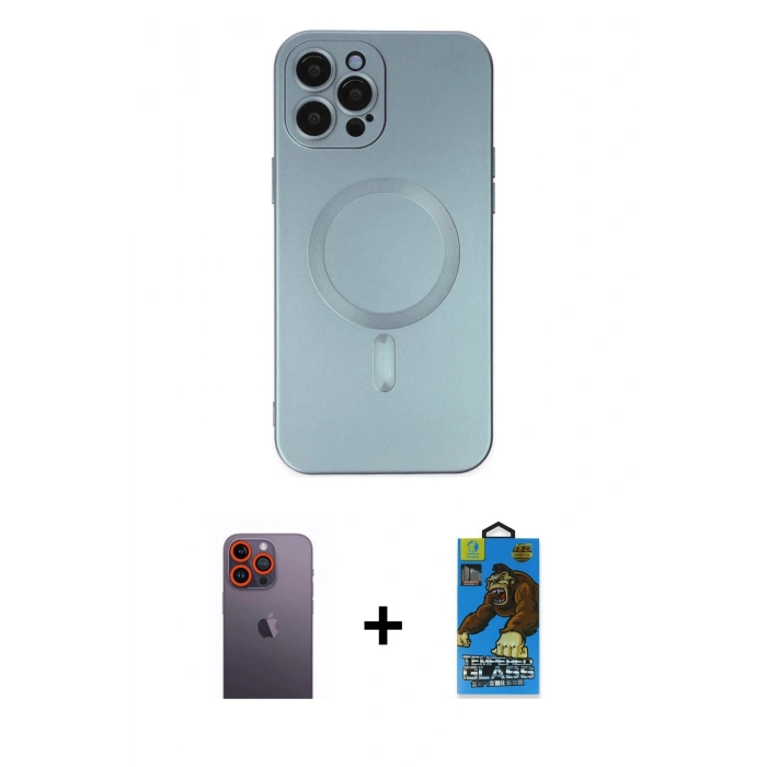 MARSİLYAN™- iPhone 12 Pro Max Kılıf Akış Minimal Özel Seri - Siyah 18D Cam Ekran Koruyucu + Neon Fosforlu Kamera Lens - TU